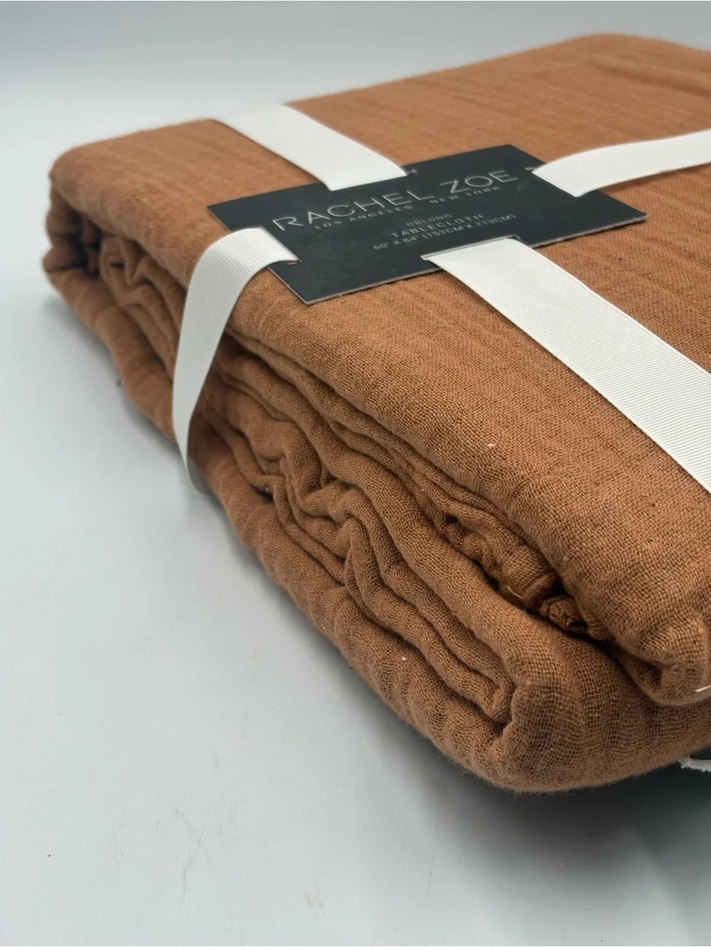 Rachel Zoe 100% Cotton Oblong Tablecloth 60x84 Camel Brown Textured New
